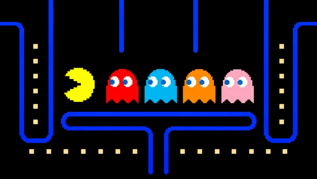 Retro arcade screen showing Pac-Man navigating a dark maze filled with dots while being chased by colorful ghosts