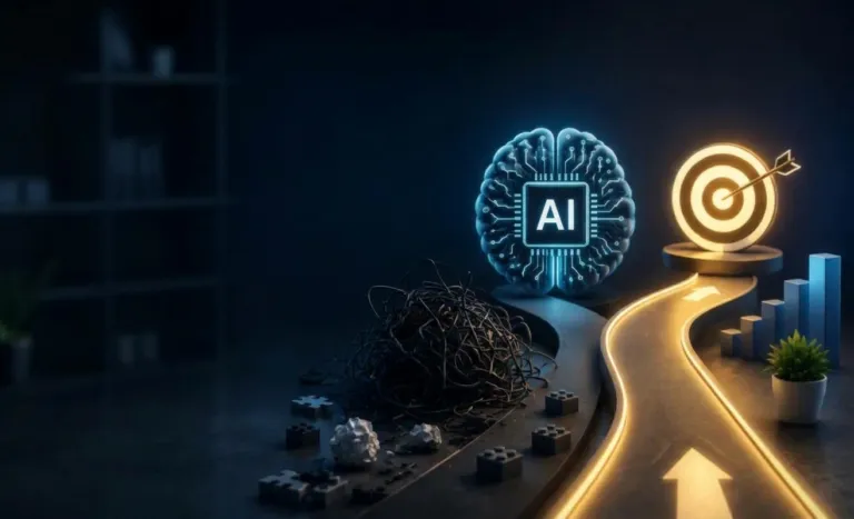 Conceptual illustration comparing wrong AI implementation with messy clutter against a clear illuminated path leading towards a target and growth chart.