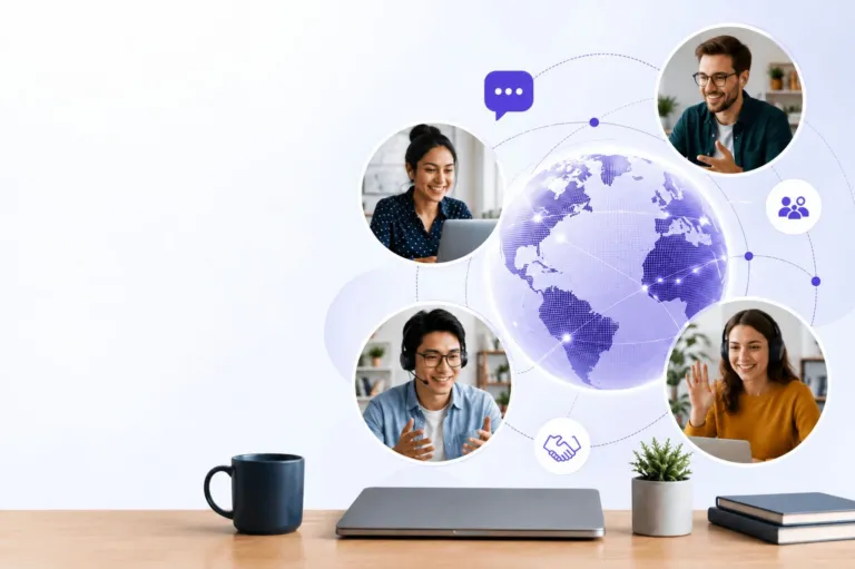 Distributed tech team collaborating remotely across cultures through digital communication tools.