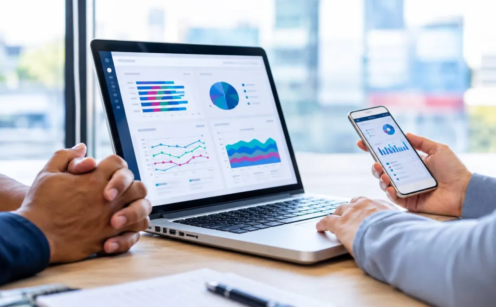 Laptop and smartphone displaying digital dashboards to illustrate the difference between web apps and mobile apps.