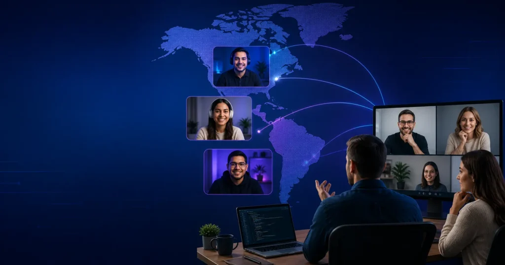 North American product leaders collaborating online with a LATAM nearshore software development team