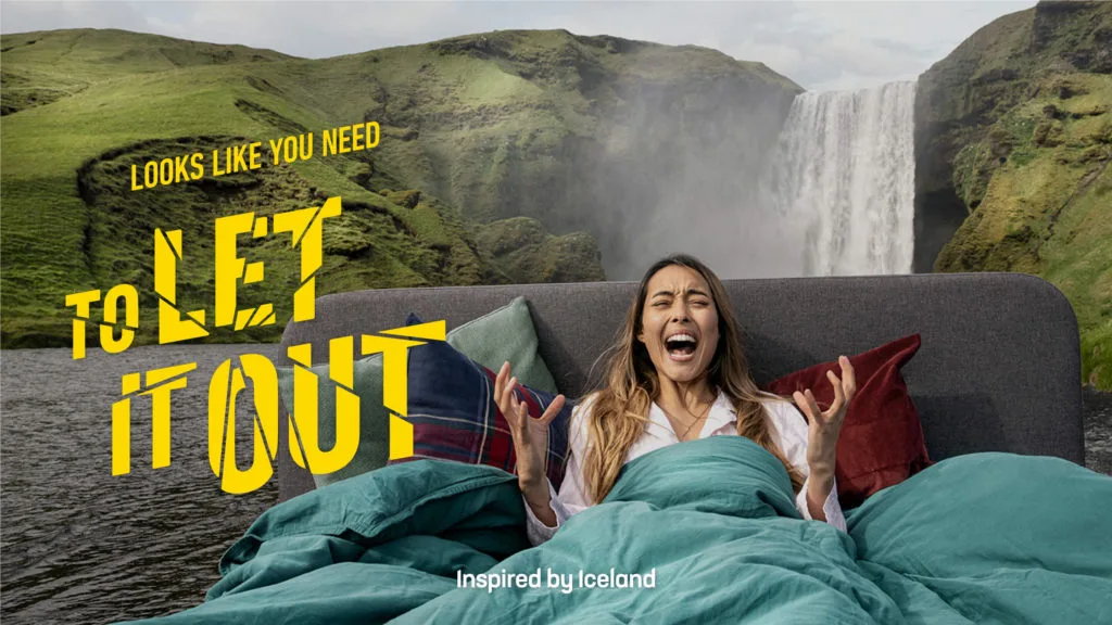 Looks Like You Need to Let It Out campaign: woman screaming in bed in front of an Icelandic waterfall