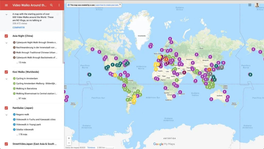 Google My Maps view of Video Walks Around the World, with video walk locations pinned across the globe
